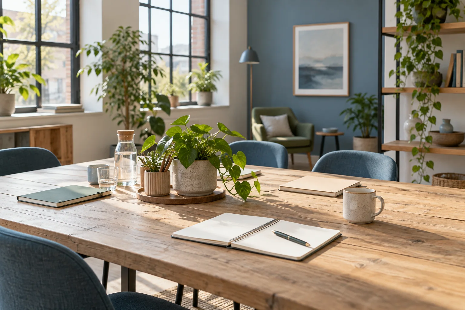 Quiet sunlit studio workspace with a shared table and blank notebooks