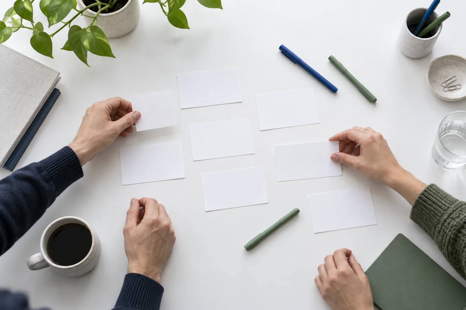 Hands arranging blank cards to explore audience questions