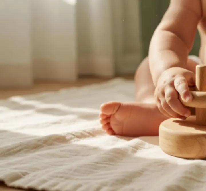 Child's hands carefully manipulating a natural wooden toy to develop fine motor precision