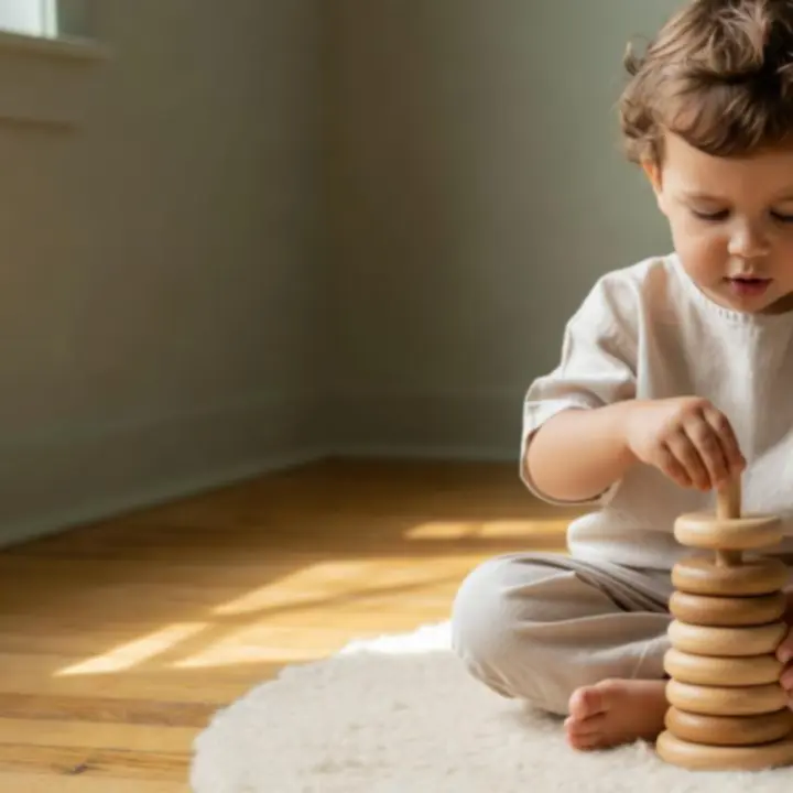 Child engaged in focused play with wooden Montessori toys