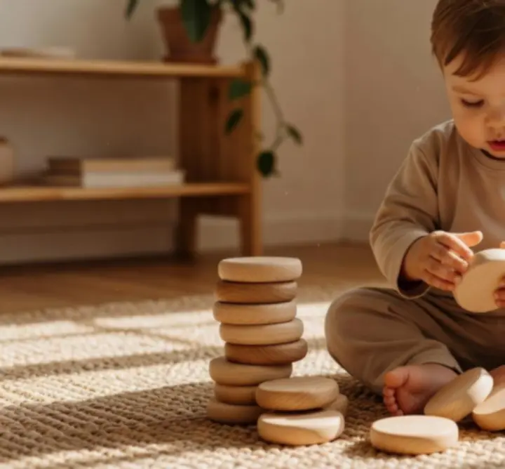 Child engaging in natural play with wooden Montessori toys