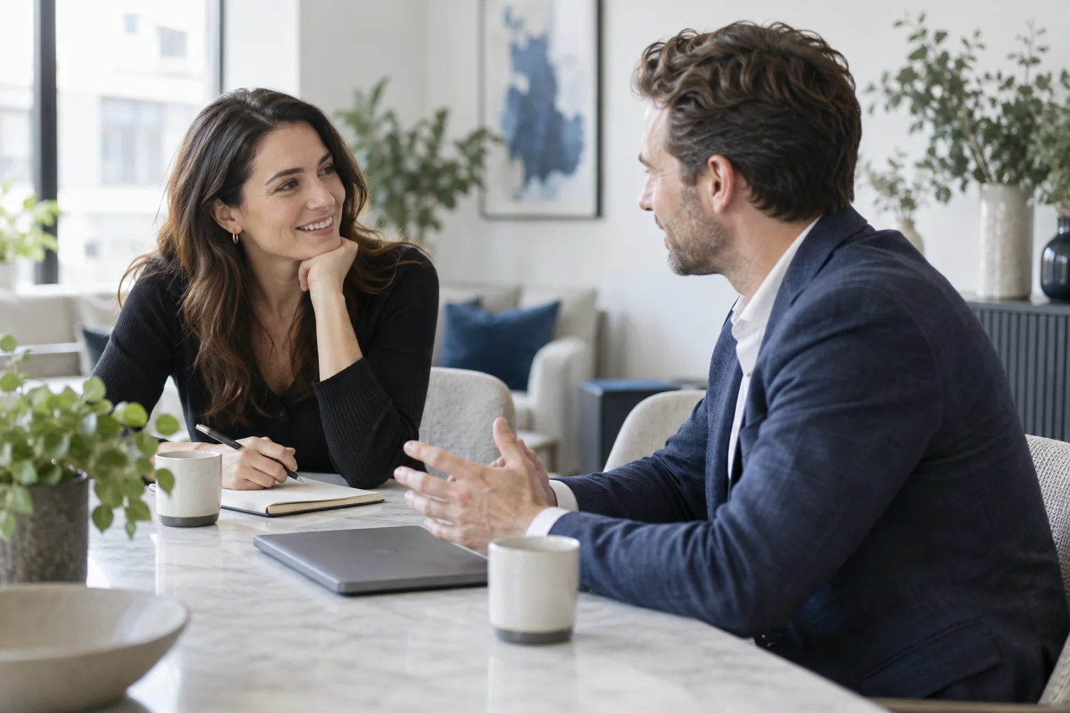 Two professionals having a focused business conversation