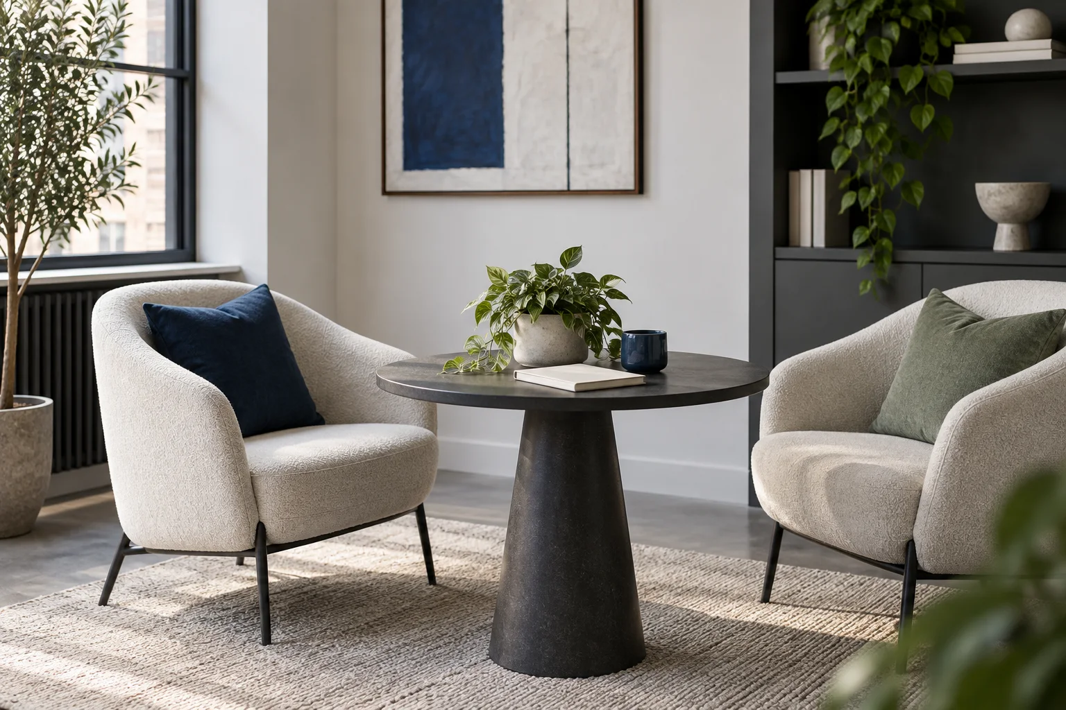 Quiet meeting corner with two chairs and a blank notebook