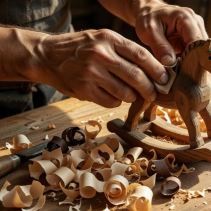 Master craftsperson hand-finishing wooden toy in workshop