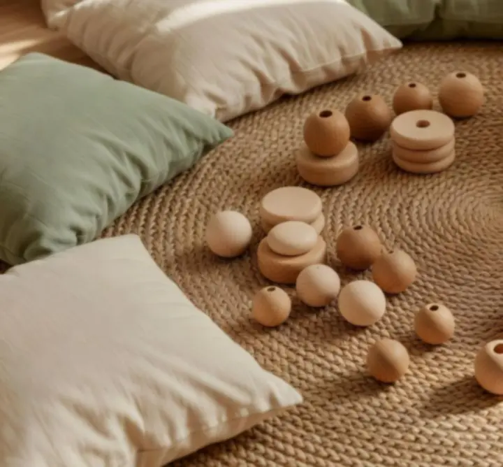 Serene nursery space designed for developmental play with natural materials