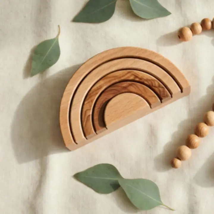 Handcrafted wooden grasping rings and stacking towers finished with organic oils