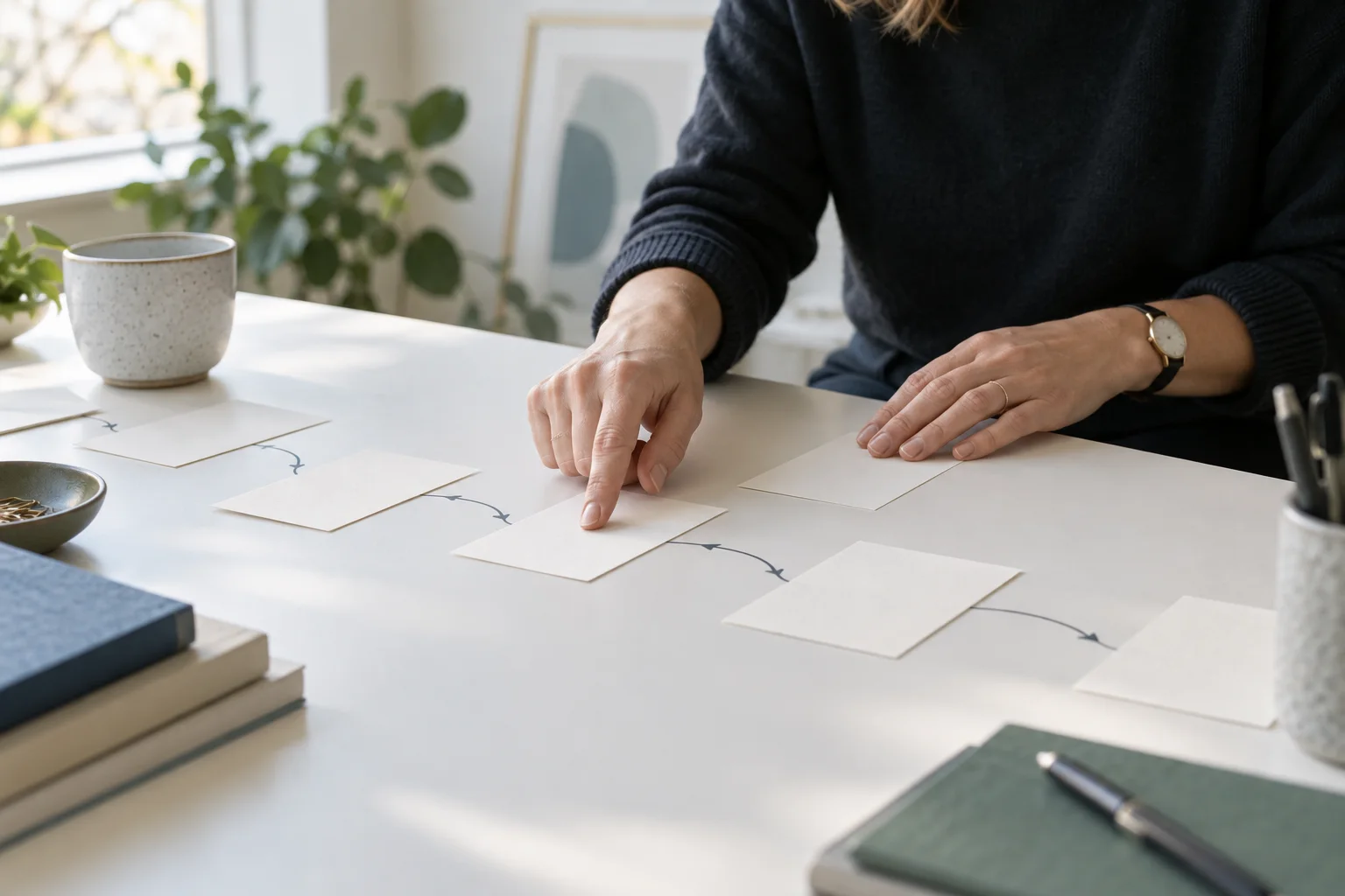 Hands tracing a path through blank cards representing a visitor journey