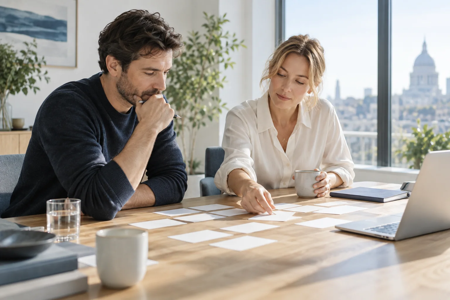 Colleagues considering a long-term marketing plan in a bright room