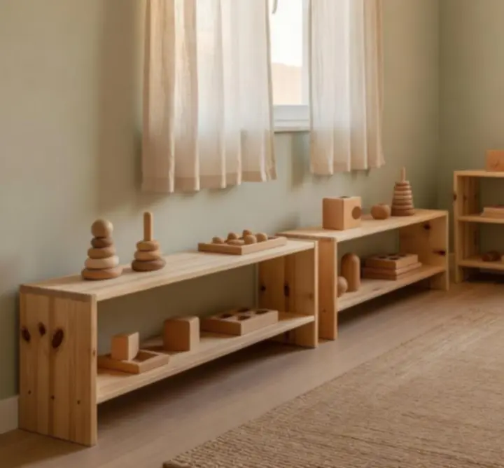 Serene nursery setting with Montessori wooden toys in warm natural light