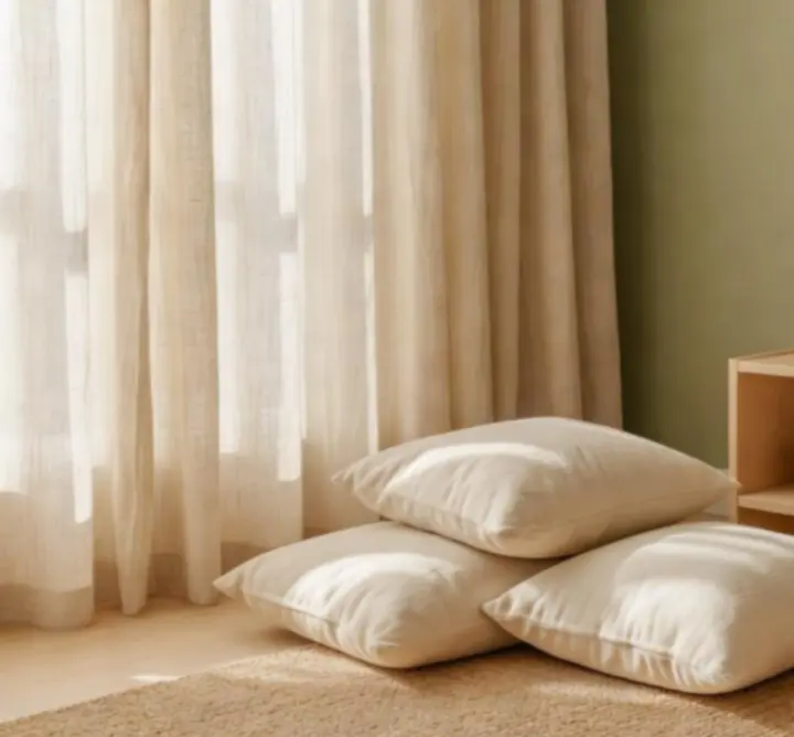 Serene Montessori nursery with wooden toys and natural textiles in warm sunlight