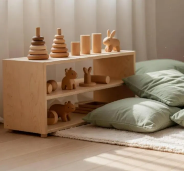 Serene Montessori nursery setting with natural wooden toys and soft natural lighting