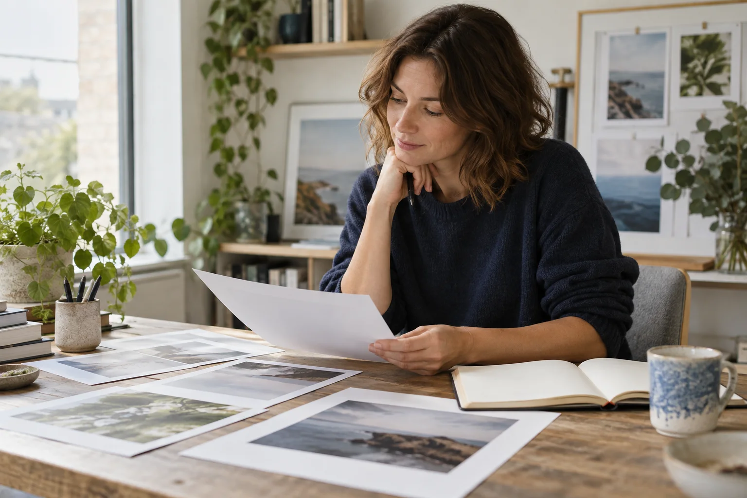 Editor reviewing unlabelled image proofs at a bright desk
