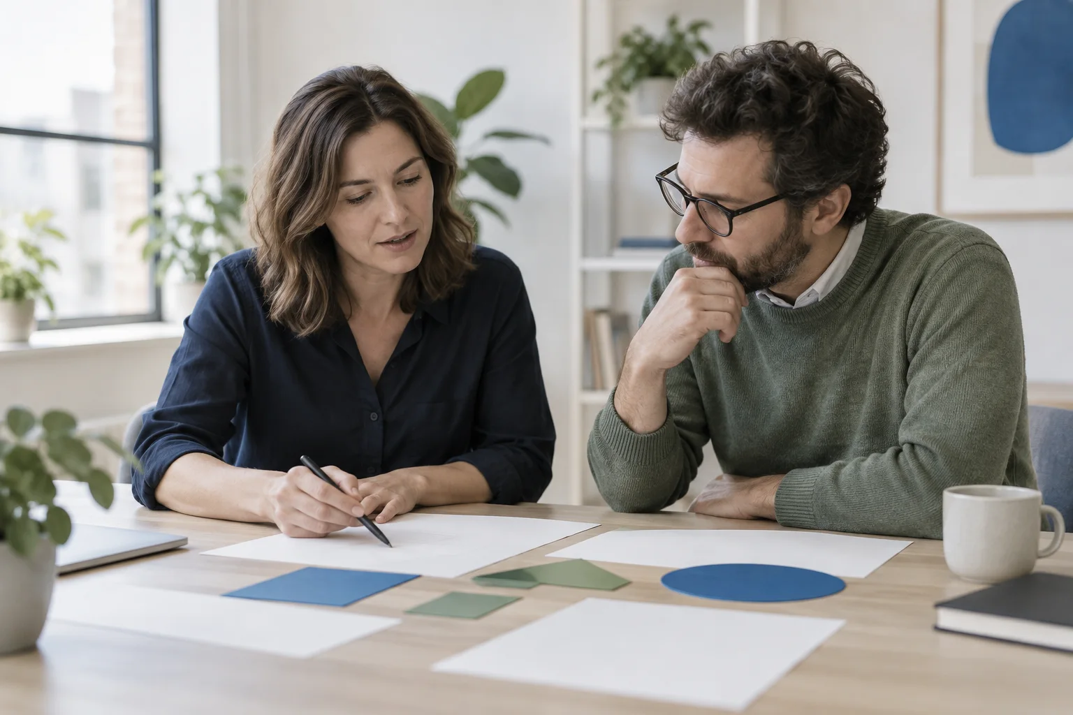 Colleagues discussing blank printouts and coloured paper while interpreting information