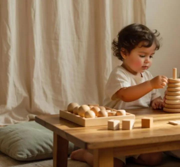 Child engaging in developmental play with wooden toys