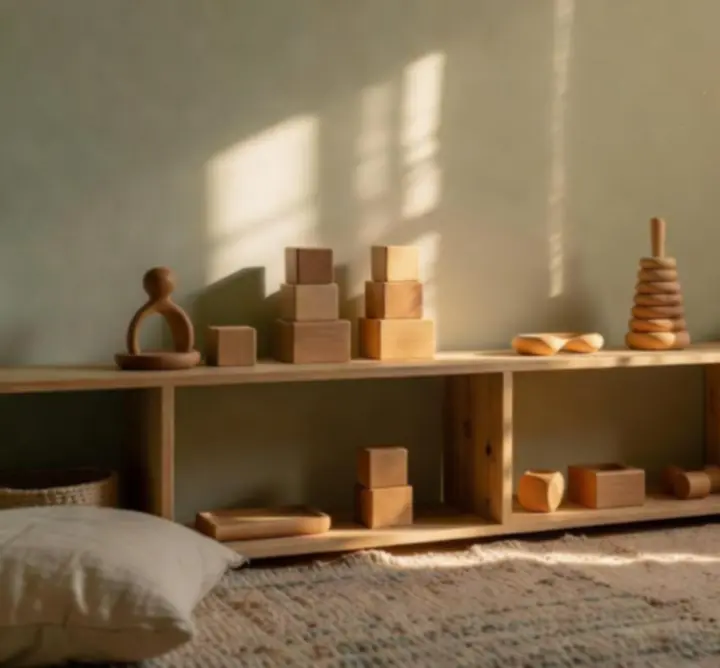 Serene sunlit nursery featuring Montessori-inspired wooden toys and natural fabric products