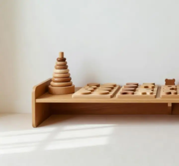 Montessori prepared environment shelving with wooden toys