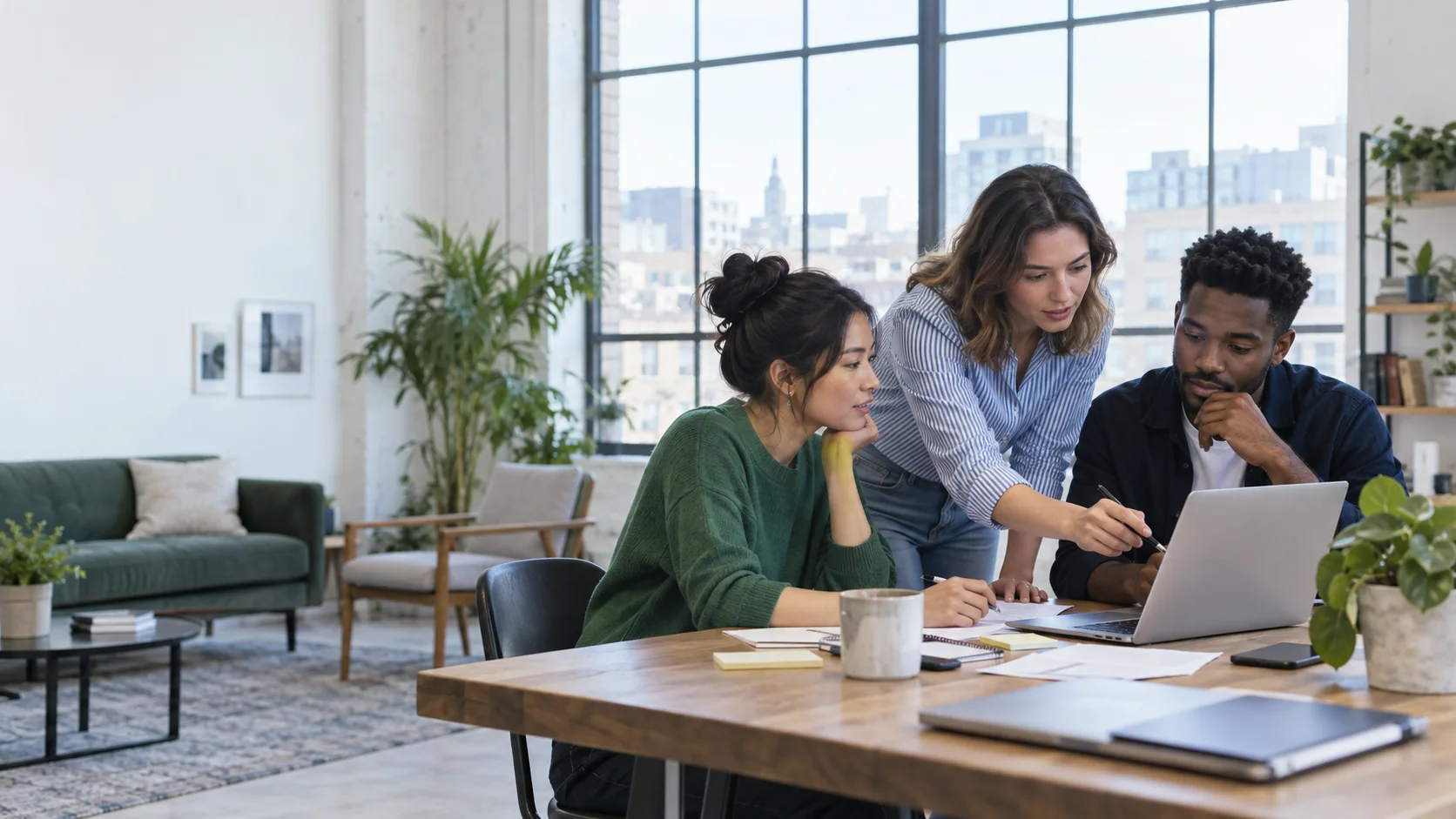 Illustrative scene of marketing professionals discussing a plan around a laptop