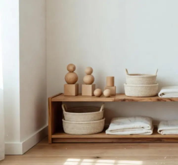 Carefully arranged Montessori shelf with wooden toys at child height