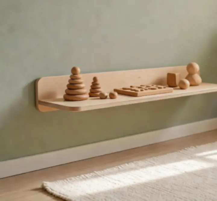 Montessori wooden toys and organic fabric products arranged in a serene, sunlit nursery setting