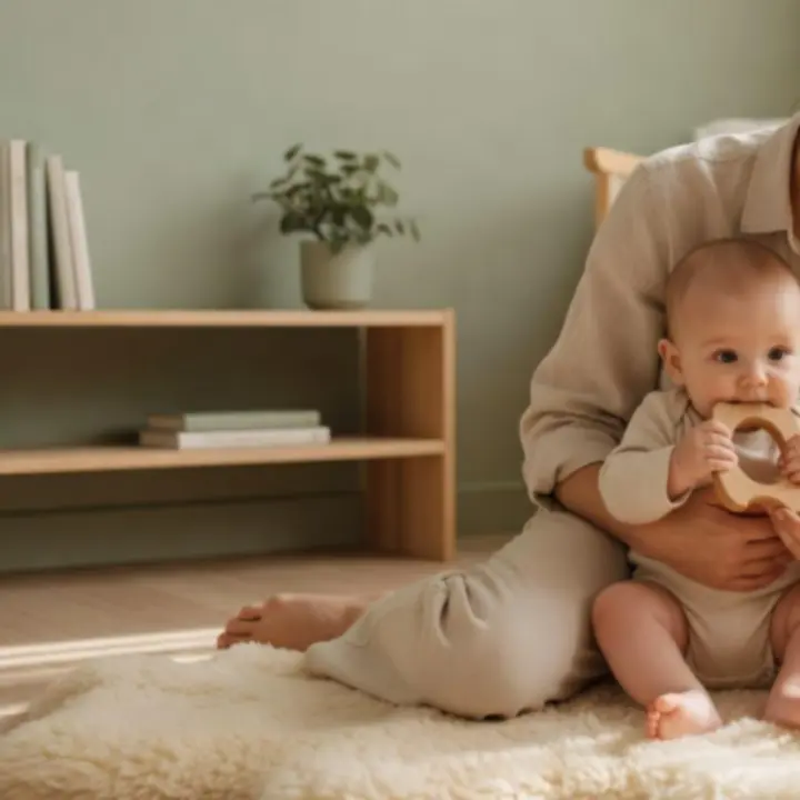 Parent and child bonding over natural wooden toys in a calm home environment