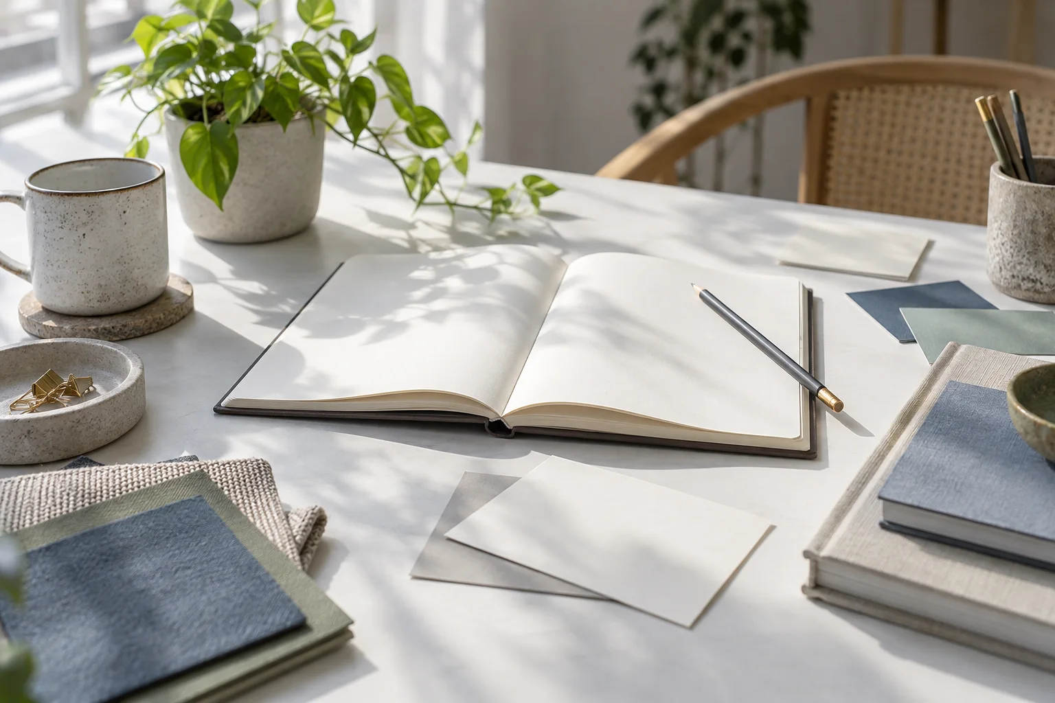 Blank notebook and paper cards on a sunlit planning desk