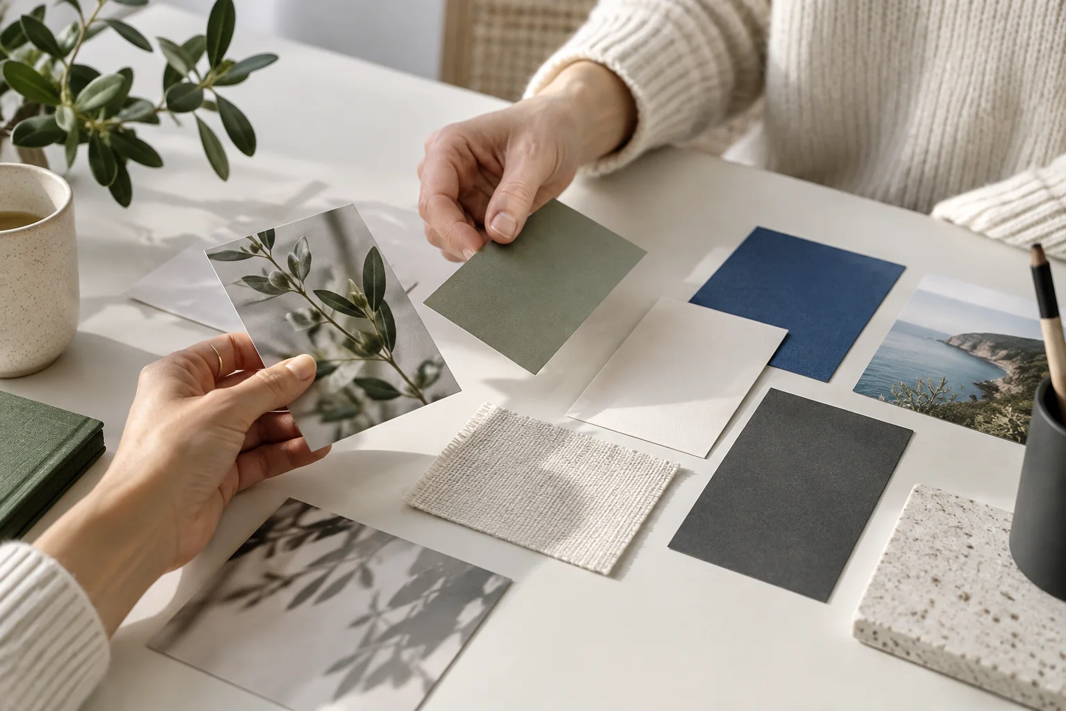 Hands choosing visual samples for suitable campaign placement