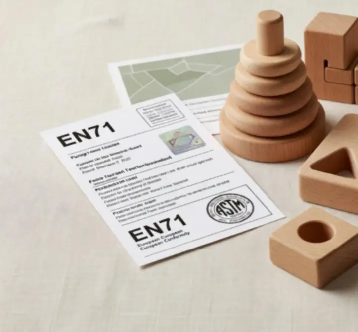 Safety certification documents and laboratory testing results for EN71 and ASTM standards