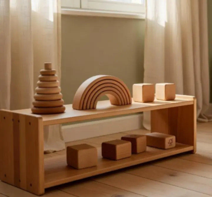 Serene Montessori nursery environment showcasing natural wooden toys in soft, natural lighting