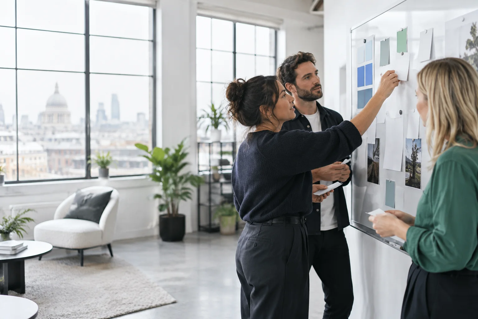 Marketing professionals discussing a plan around a wall of blank notes