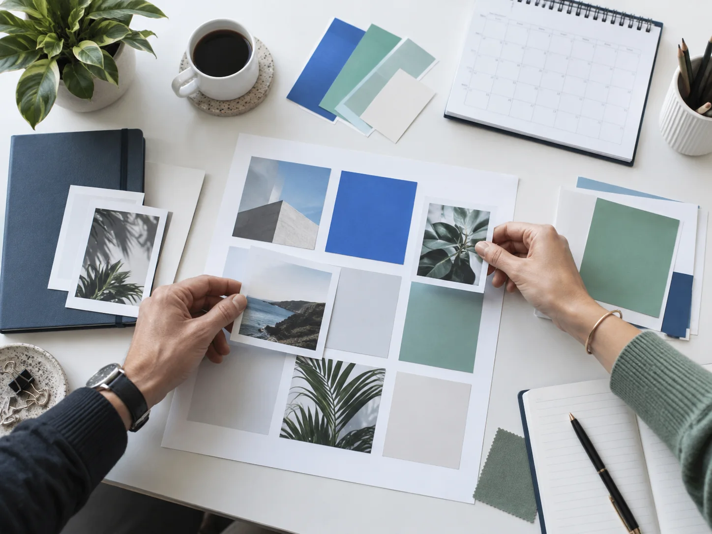 Hands comparing visual campaign concepts on a bright desk