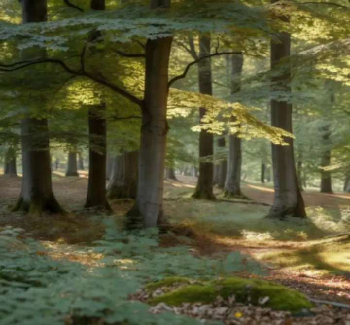 FSC-certified sustainable forest showing responsibly harvested European beech and maple trees
