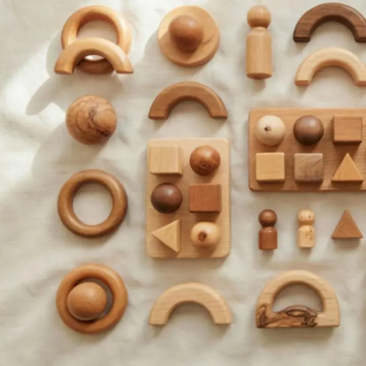 Display of handcrafted wooden Montessori toys arranged on natural wood shelving